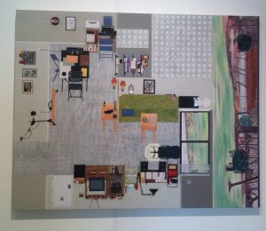 "Jim's Studio," by Anne Toebbe.  Collage with elements of drawing and painting, approx 2 feet high by 3 feet wide, c. 2012  