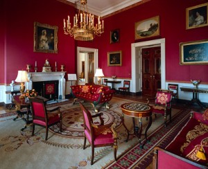The Red Room, one of the diplomatic reception rooms on the first floor of the White House, during the Clinton administration. 